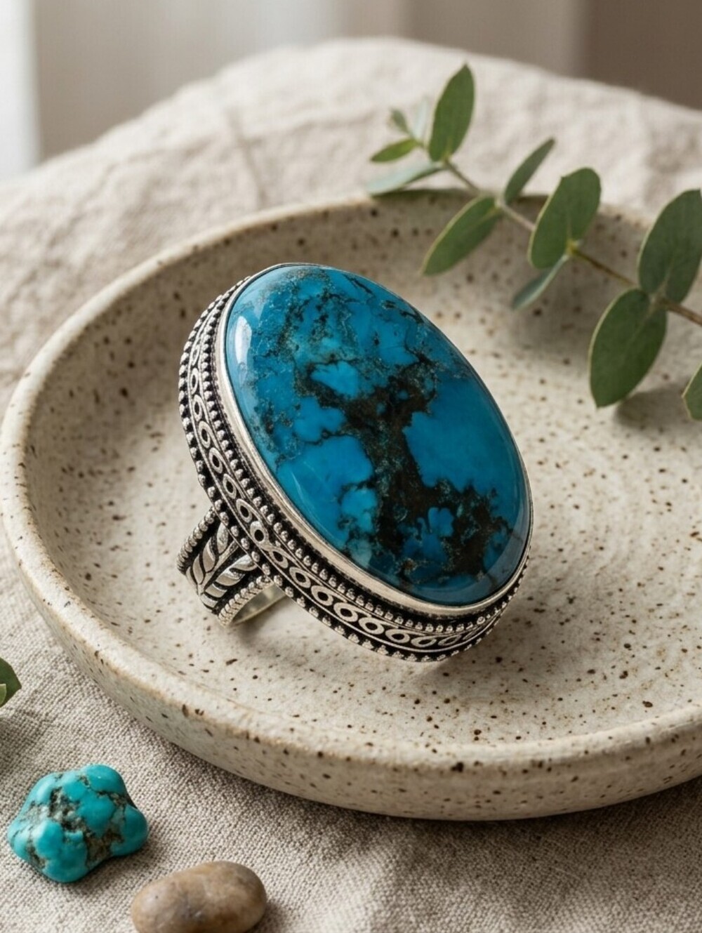 925 Sterling Silver Genuine Turquoise Large Oval Cabochon Western Ring Size 8.5 - Picture 5 of 15